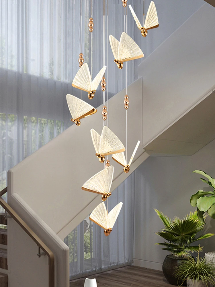 Big Chandelier Of Duplex Building Nordic Luxury Restaurant Villa Living Room Creative Butterfly Lift Loft Hollow Stair Lamp