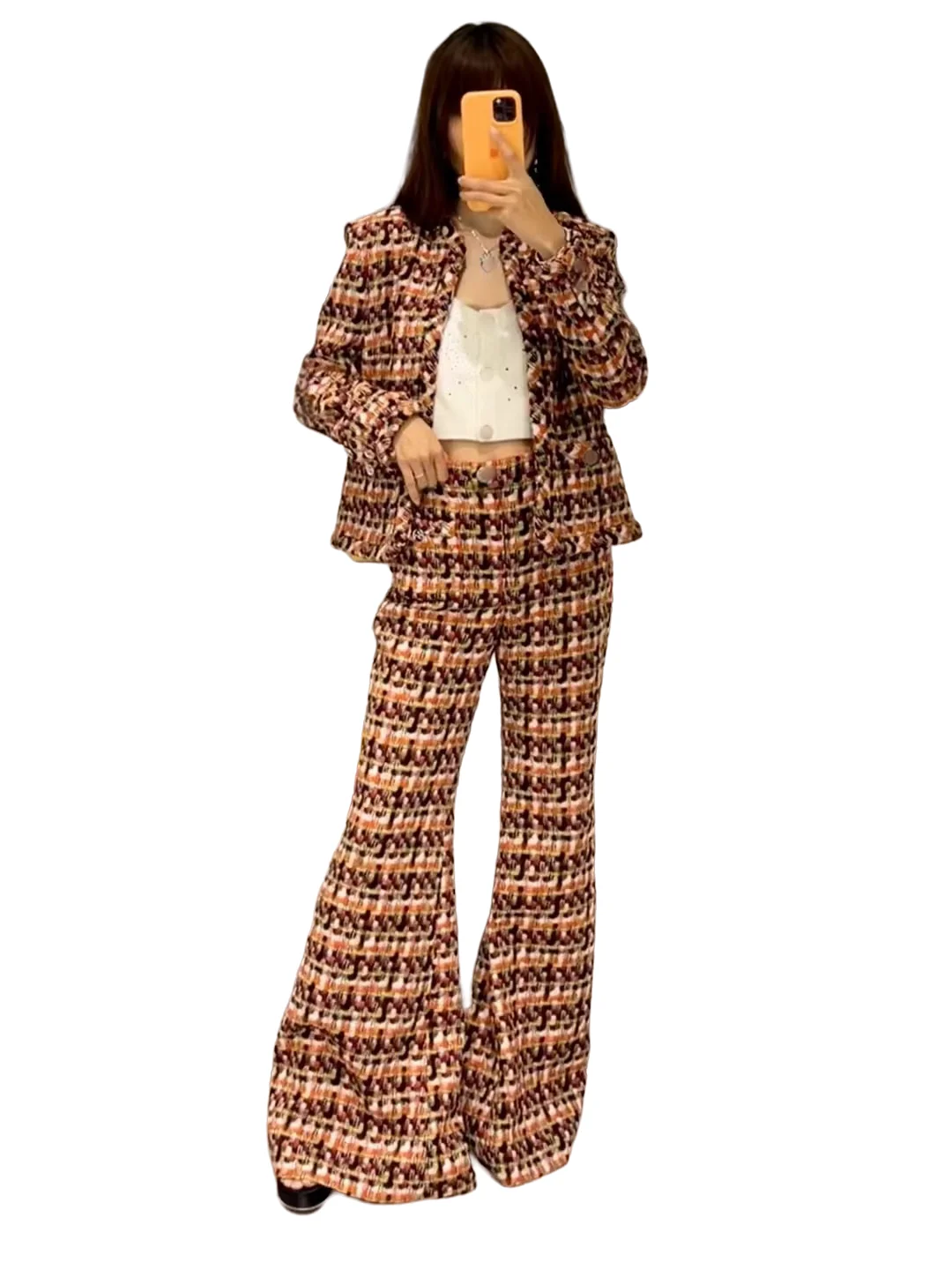 

2023s Autumn/Winter High end Quality CH Women's Set Jacket+Flare Pants African Featured Wool Tweed Customized clothing