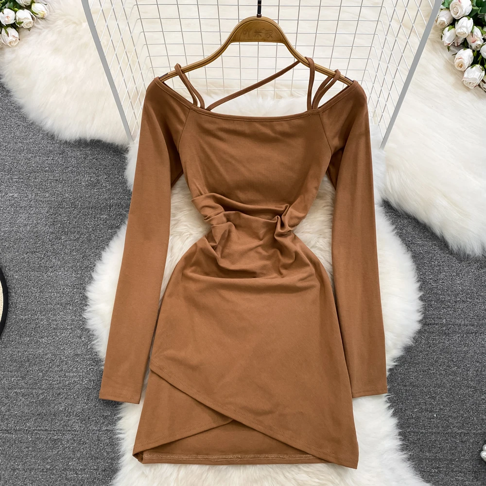 

Autumn and Winter Waist Fold Thin Long Sleeve Bottom Fried Street Hot Girls Wrapped Buttock Dress