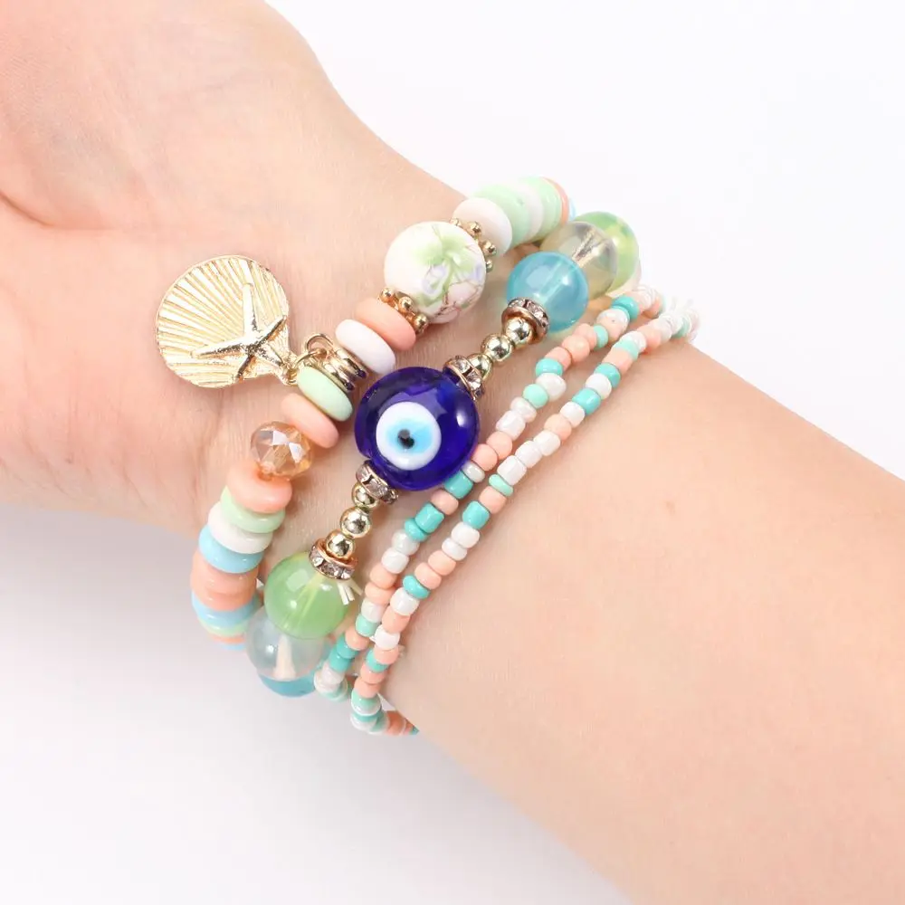 

4pcs/set Charms Women Shell Bohemia Beaded Multilayer Bracelet Crystal Bangle