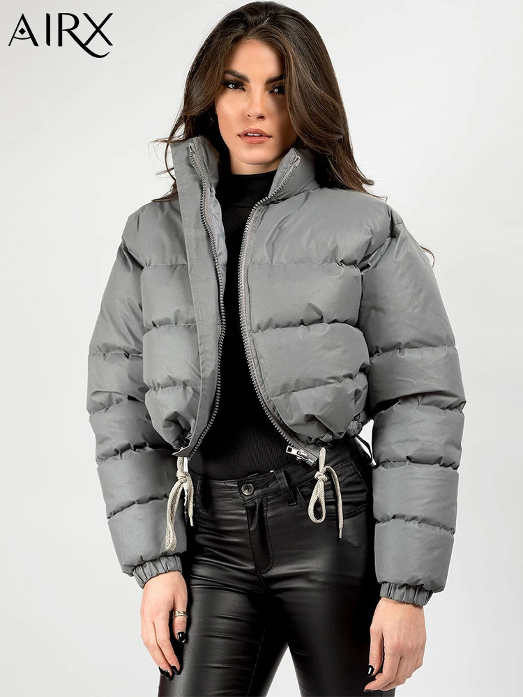 AIRX 2023 Winter Women Coat Casual Cotton Jacket Short Coats Zipper Streetwear Solid Color Long Sleeve Jackets