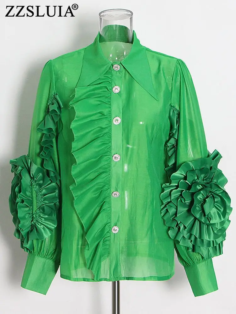 

ZZSLUIA Vintage Blouses For Women Solid Color Ruffles Designer Fashion Organza Shirts Long Sleeve Elegant Female Clothing Tops
