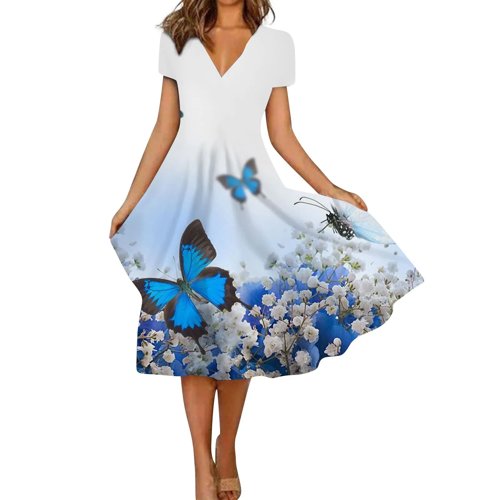

Women'S Summer Casual Fashion Print Short Sleeve V-Neck Dress Summer Dress Women Female Clothing Long Dress New In Dresses