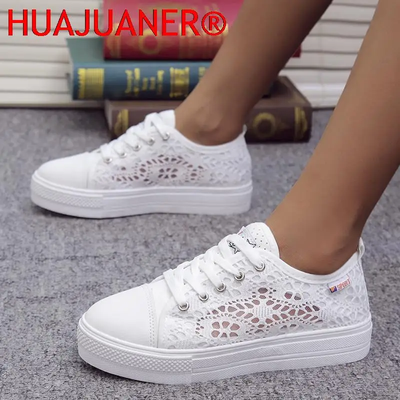 

Women Shoes 2022 Fashion Summer Casual White Shoes Cutouts Lace Canvas Hollow Breathable Platform Flat Shoes Woman Sneakers