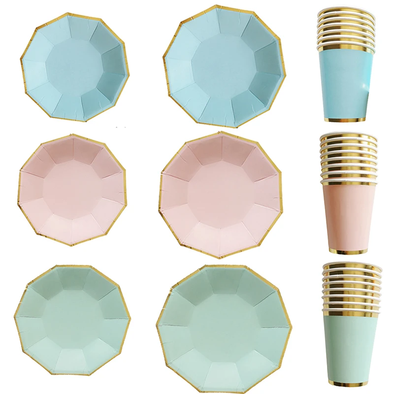 

8pcs Gold Green Pink Blue Paper Plates Cups Disposable Tableware Set for Wedding Birthday Party Baby Shower Supplies Gold Decor