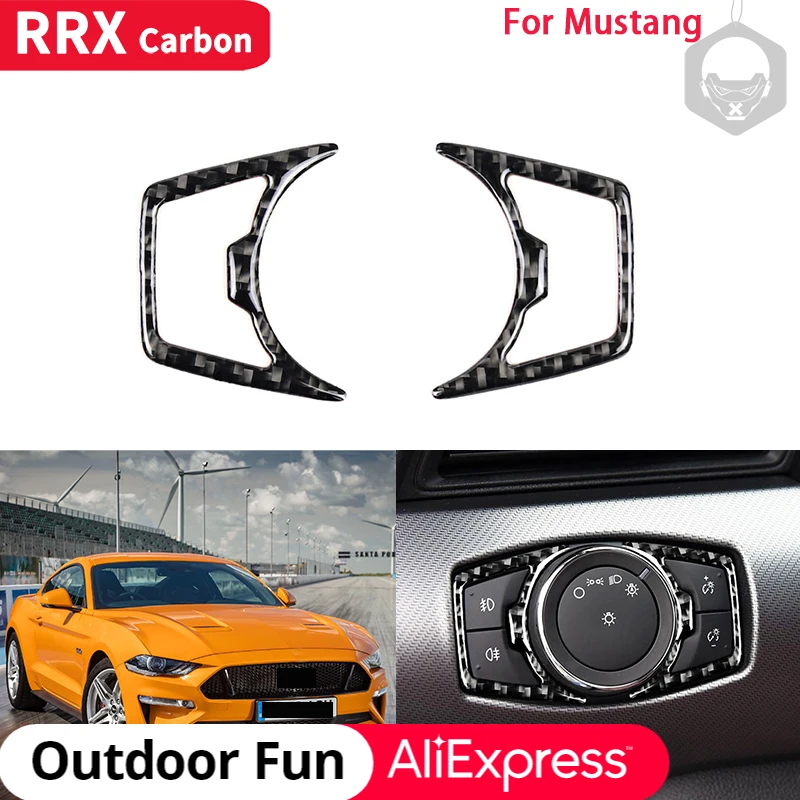 

RRX for Ford Mustang 2015-2022 Real Carbon Fiber Headlight Switch Button Frame Decoration Cover Sticker Car Interior Accessories