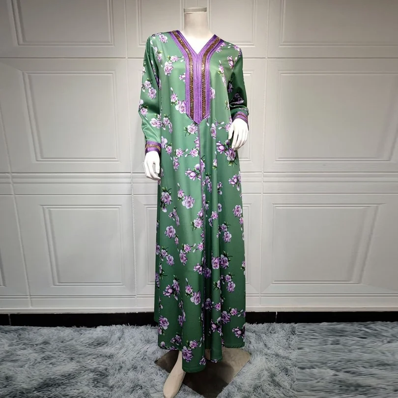 

Floral Long Sleeve Abaya Hijab Maxi Vestidos Vintage Women Printed Sundress 2022 Ribbon V Neck Muslim Dress Robe Femme Eid Abaya