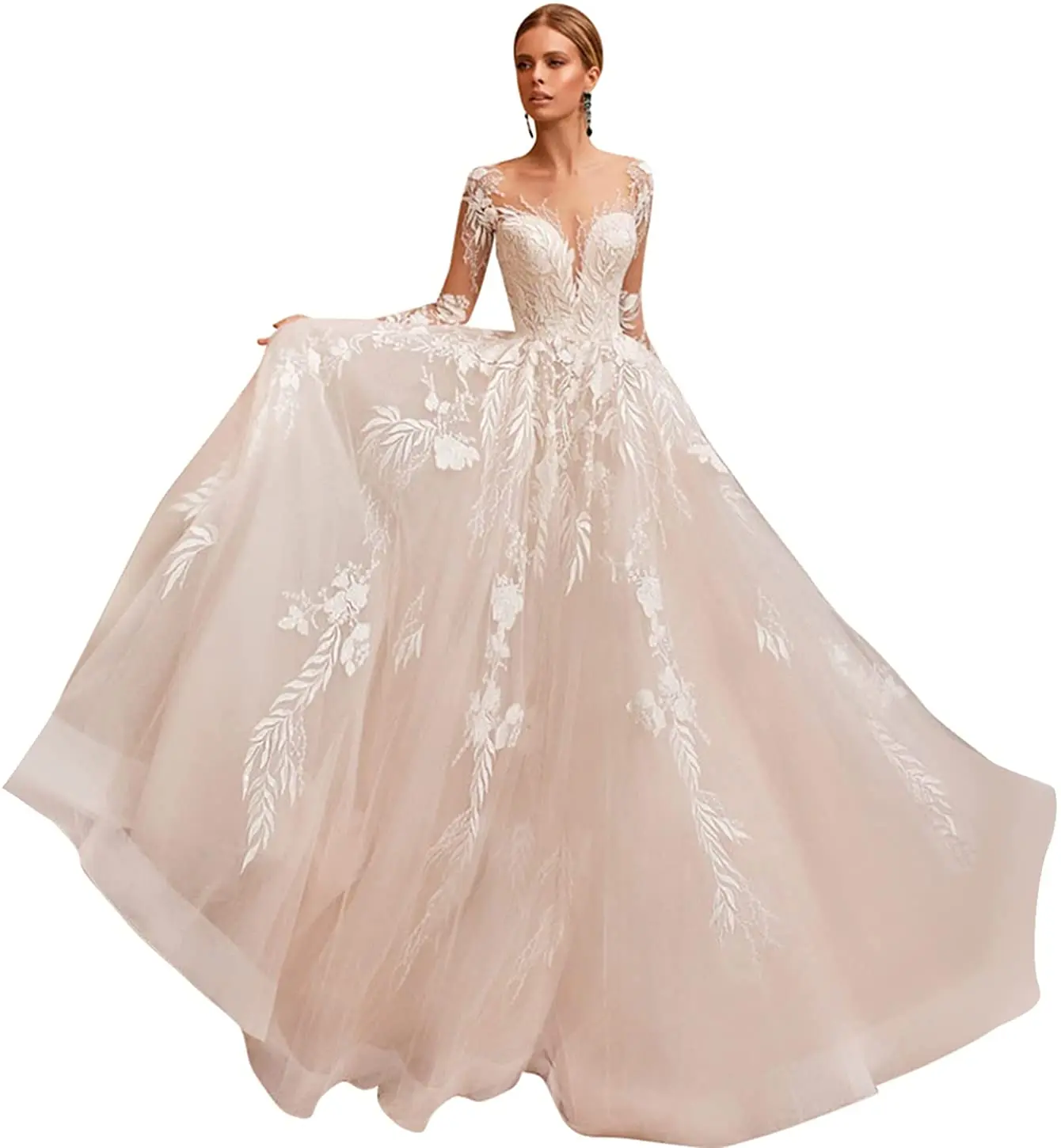 

Lover Kiss Elegant Lace Appliques Wedding Dress Backless Deep V-neckline Long Sleeves Bridal Wedding Gowns with Long tail Custom