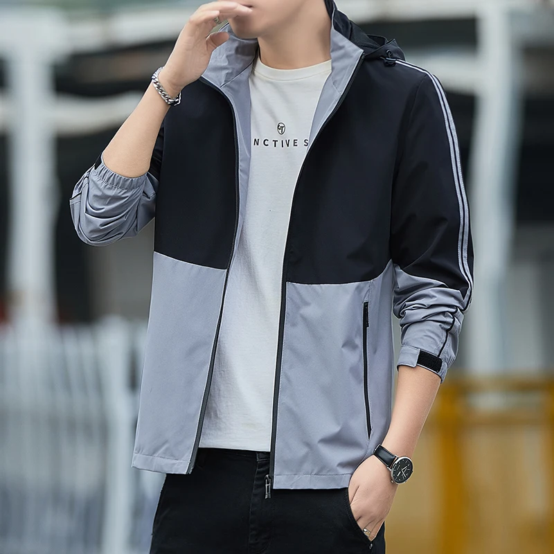

Windbreaker Jackets for Men Hoodie Spring Autumn Patchwork Hoodie Jacket Mens Windproof Waterproof Sportswear Coats Male Clothes