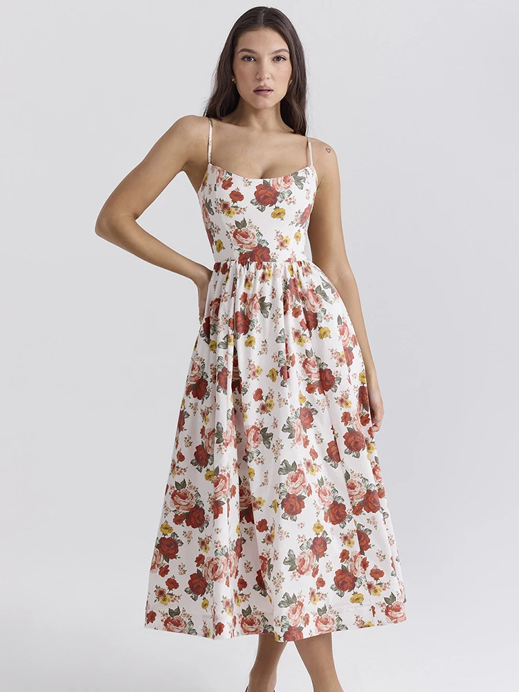 Женское летнее сексуальное платье миди с цветочным принтом и открытой спиной