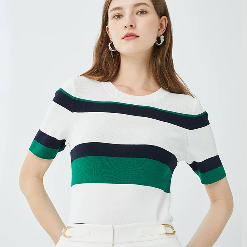 

Short sleeve T - shirt women's summer short - sleeve round collar ice silk thin slimming shoulder personality stripe knit slimmi
