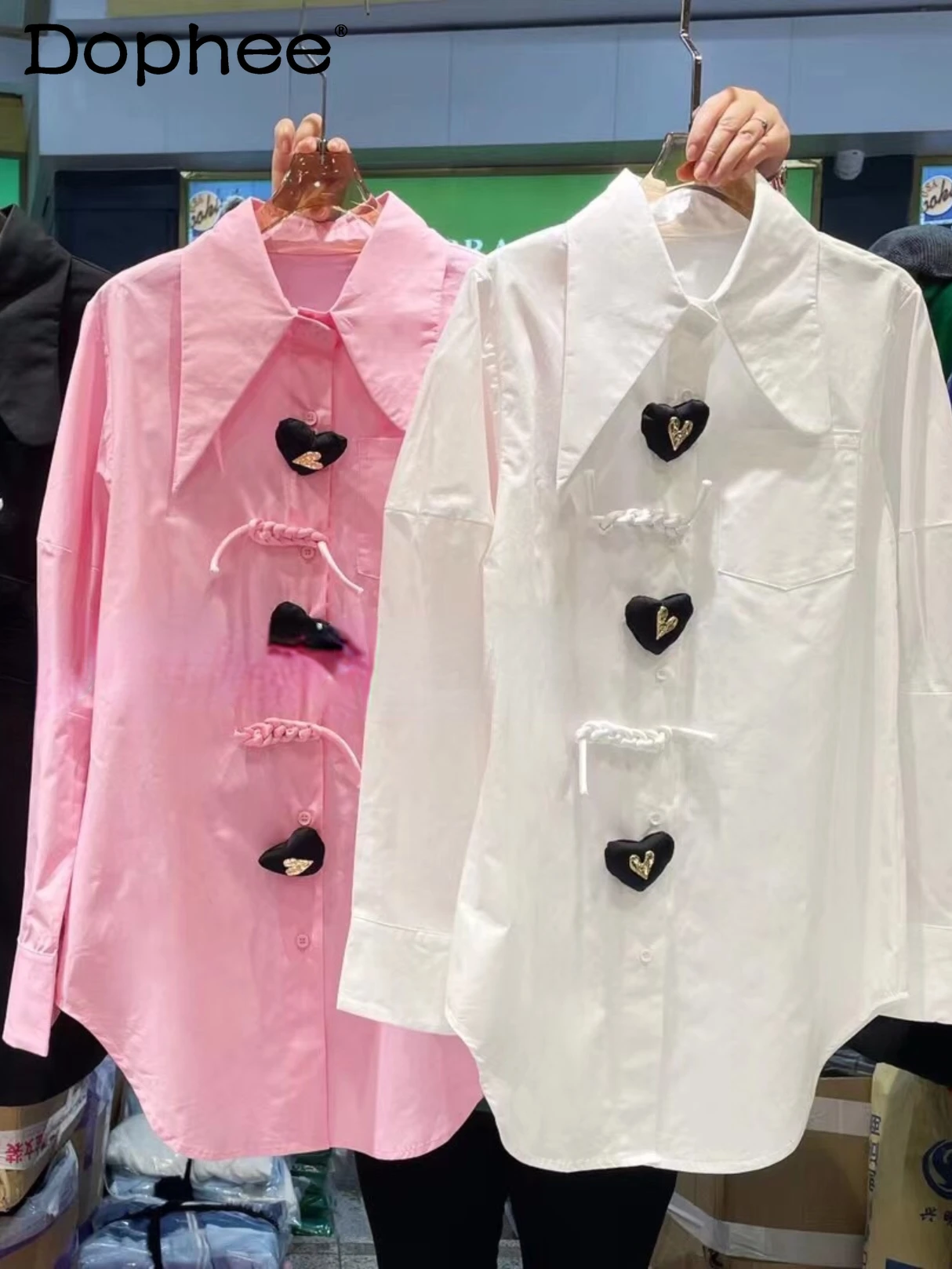 

Korean Puff Sleeve Heart Buckle Pink Shirt Women Temperament Lapel Mid-Length Office Blouse 2022 Summer New Camisas Para Mujer
