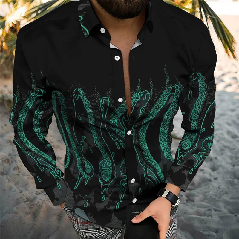 Streetwear Camisa Masculina Social Men Shirts Turn-Down Collar Chemise Homme Casual Octopus Print Long Sleeve Shirt Ropa Hombre