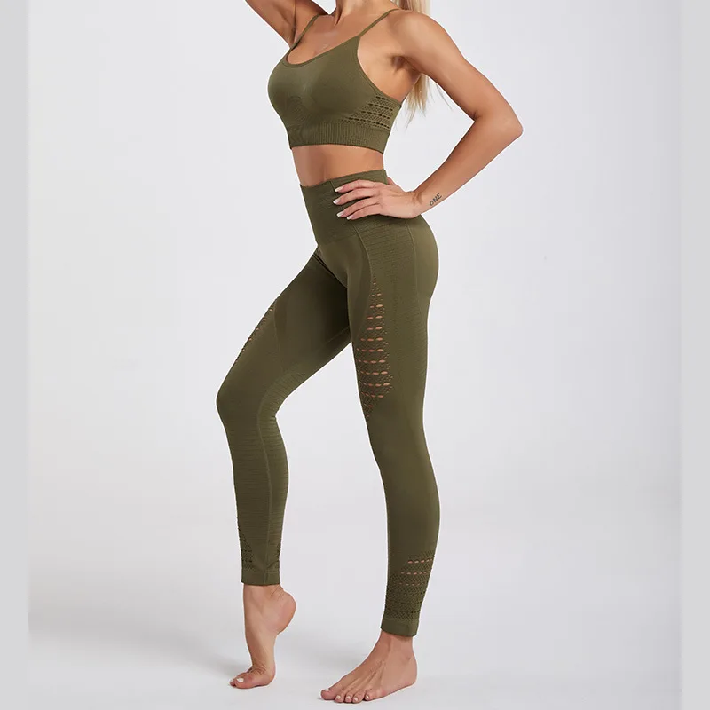 

Seamless Women Yoga Set Fitness Hollow Out Design Sports Bra Tight Butt Lifting Mesh Pants Gym Workout Clothes For Female Suit