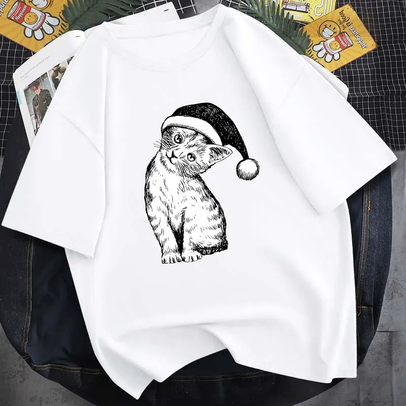 

2021 Summer New Christmas Cat Sketch Print Short-Sleeved Pure Cotton Round Neck Unisex Top 14-Color Casual Daily T-Shirt