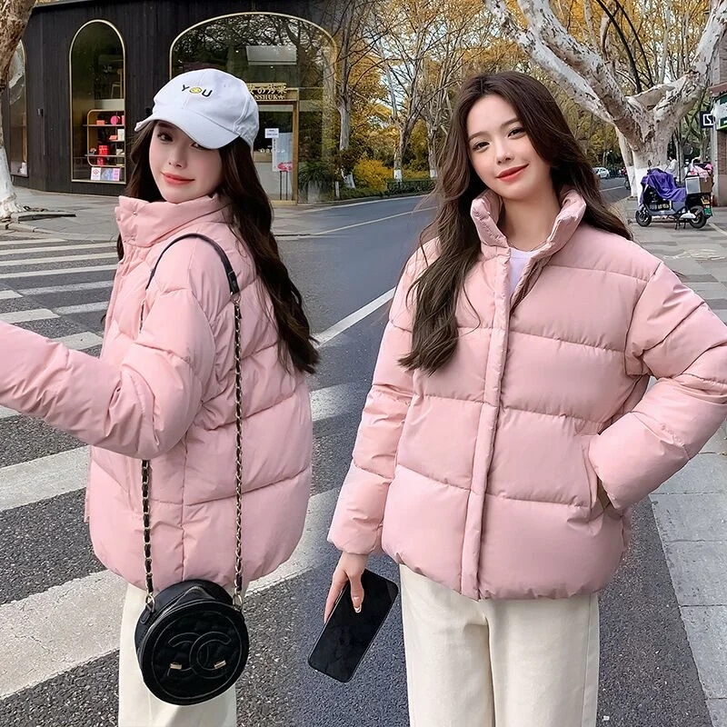 

Winter Girlish New Style Stand Collar Down Jacket Hot Selling Thick Slim Fitted Streetwear Simplicity Solid Zipper Pink Overcoat
