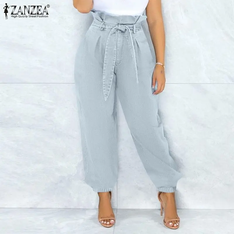 

Женская джинсовая синяя модель, весна-осень, объемные повседневные Панталоны с высокой талией и оборками, большие размеры, ZANZEA