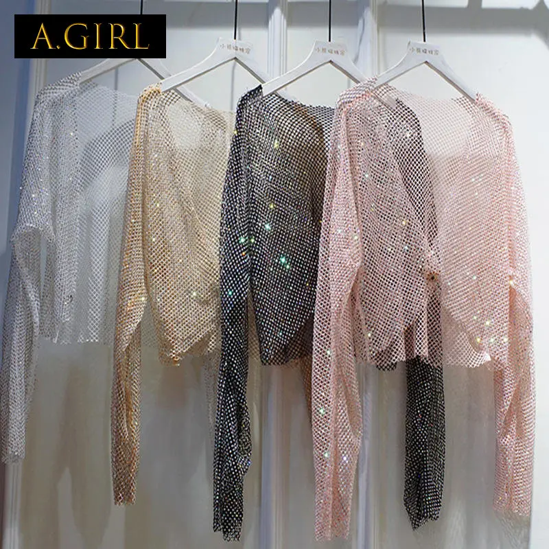 

A GIRLS 2022Summer Jumping Disc Sexy Bright Diamond Crystal Net Shirt Top Bright Temperament Ladies Light Luxury Full Outer Top