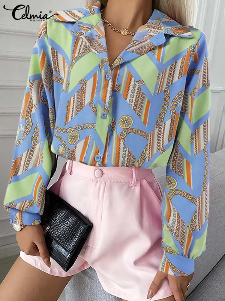 

Celmia 2022 Fashion Celebrities Streetwear Tops Women Long Sleeve Shirts Vintage Chain Printed Lapel Tunic Simple Buttons Blusas