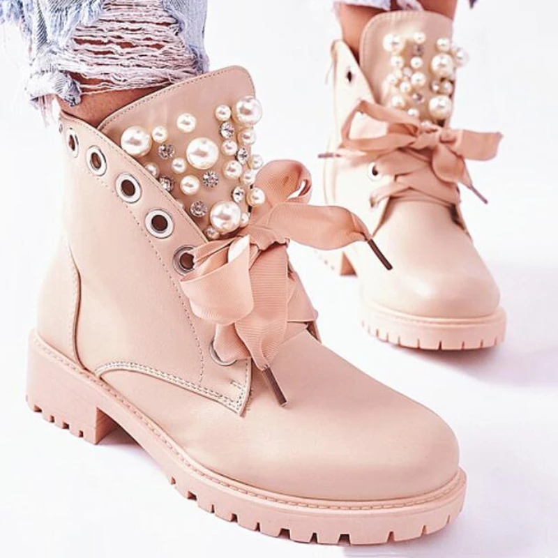 

Women Ankle Boots 2022 Autumn PU Leather Lace Up Motorcycle Boots Pearl Decor Casual Shoes Round Toe Lady Bootie Female Footwear