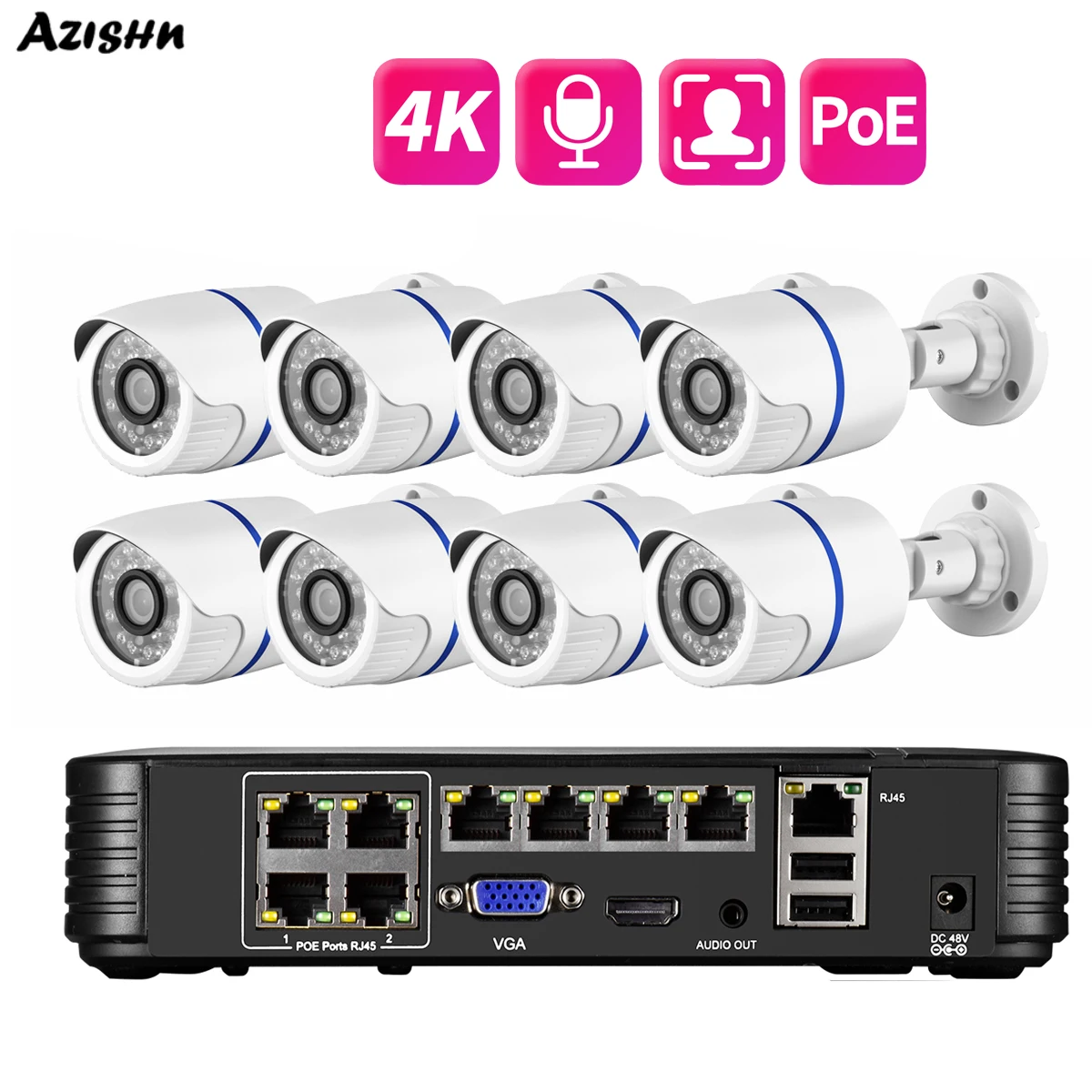 

AZISHN Outdoor night vision audio 8CH 8MP POE NVR AI security IP camera home video monitoring kit