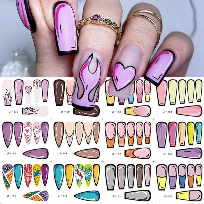 

12 шт. комикс дизайн ногтей Pop Художественное вдохновение слайдер для украшения ногтей Fire Heart простая наклейка Water мультяшный маникюрный набо...