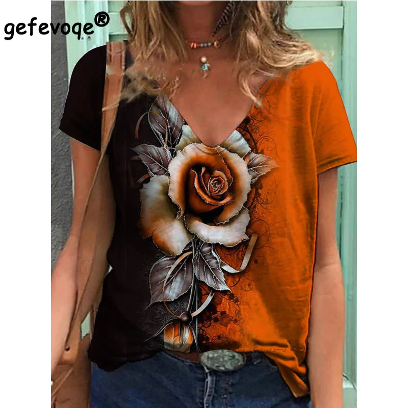 

2022 Summer Fashion Rose Print Women T-shirt Short Sleeve V-neck Loose Casual Tops Streetwear Tee Oversize 5XL Harajuku Clothes