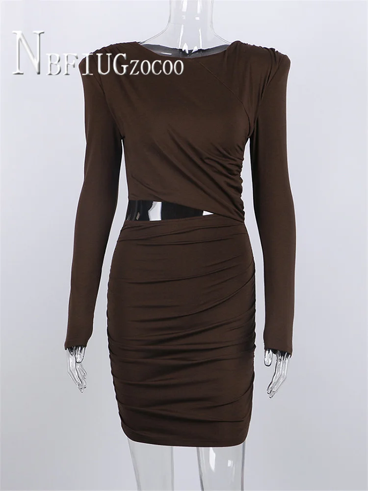 

2021 Hollow Out Bodycon Dress Mini Women Brown Autumn Winter Sexy O Neck Long Sleeve Elegant Party Dresses Black Club