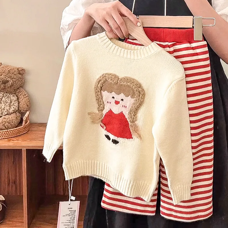 

Girls Fashion Sweater Set 2023 Autumn Girls Treasure Doll Head Sweater Striped Pants Two Piece Set Fashion Kids Boutique Clothes