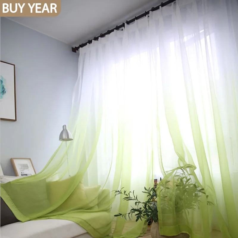 

Gradient Pure Gauze Curtains for Living Dining Room Kitchen Green Tulle Hanging GrayTulle Curtain Finished Product Customization