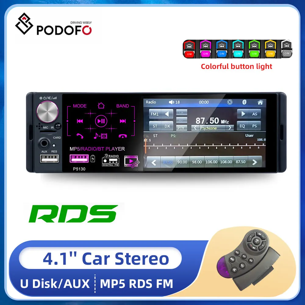 

Podofo 4.1" Touch Screen 1 Din Car Radio Bluetooth Autoradio RDS FM USB AUX MP3 MP5 Video Player Stereo Steering Wheel Control