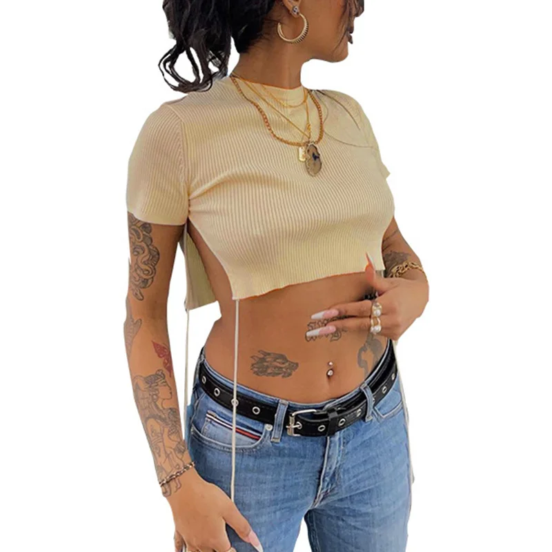 

Summer Ribbed Knit Crop Tops Women Solid Color Pullovers Round Collar Short Sleeve Side Split Casual Street Style T-shirts 2022