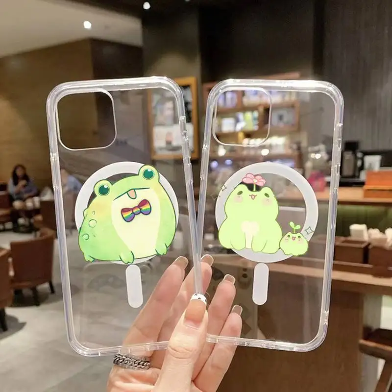 

Mint green frog cute cartoon Phone Case Transparent Magsafe Magnetic Magnet For iPhone 13 12 11 Pro Max Mini Wireless Charging