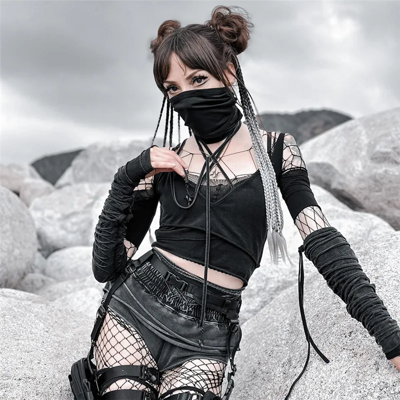 

Goth Dark Techwear Cyber Y2k Tie Up T-shirts Gothic Punk Streetwear Patchwork Crop Tops Women Grunge Glove Sleeve Turtleneck Tee