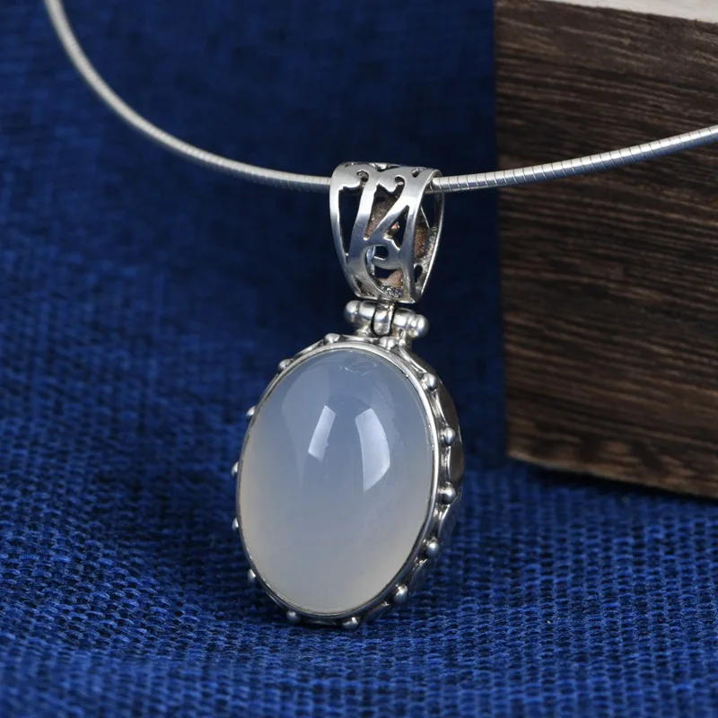

FNJ 925 Silver White Chalcedony Pendant Original Pure S925 Sterling Silver Pendants for Jewelry Making Women