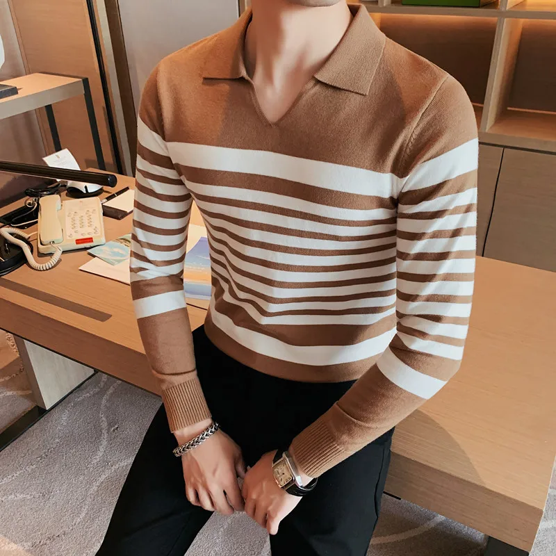 New Fashion Brand Knit High End Designer Winter Stripe V-neck Pullover Black Sweater for Man Cool Autum Casual Mens Clothing