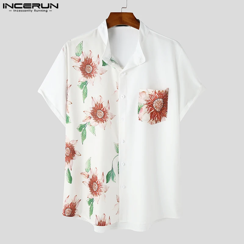 

INCERUN Tops 2023 Korean Style New Men Solid Patchwork Plant Printing Shirts Leisure Comfortable Male Short Sleeved Blouse S-3XL