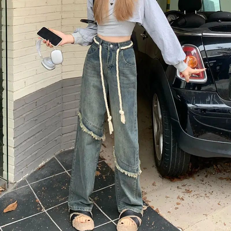 

2022 Women's Trousers Autumn New Style Raw Edge Old Fashioned Vintage Jeans Loose High Waist Straight Leg Free Shipping