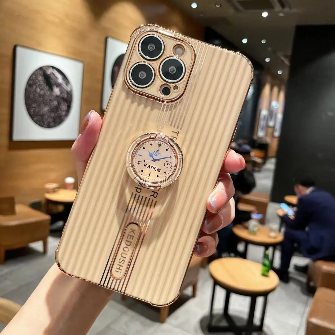 For iPhone 13 Pro Max Case Luxury Stripe Gold Plated Grip Tok Ring Holder Cover for iPhone 11 12 13 mini 7 8 Plus XS Max XR X
