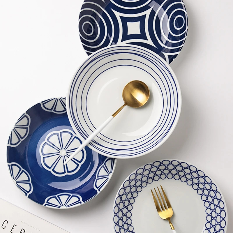 

4PCS/Set Japanese Hand Painted Dinner Deep Plates Underglaze Ceramic Serving Dishes Kitchen Dinnerware Noodle Salad Snack Bowls