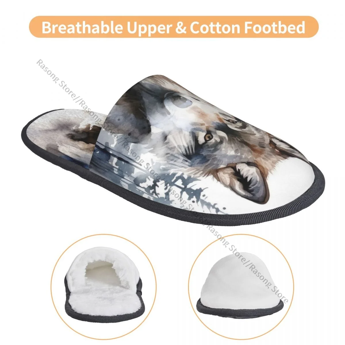 Зимние тапочки для женщин и мужчин пушистые теплые домашние с волком в лесу обувь