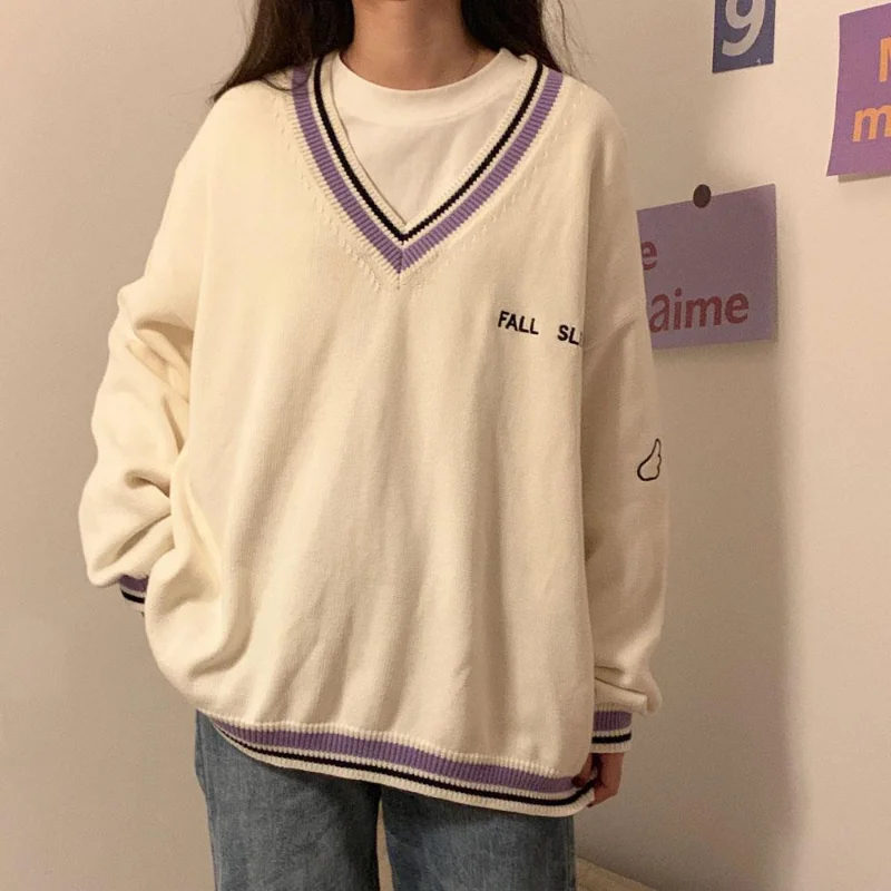 

Spring Autumn Vintage V-neck Daily Sweet Girls Pullovers Letter Chic Student Casual All-match Women Sweater New Knitted Jumpers