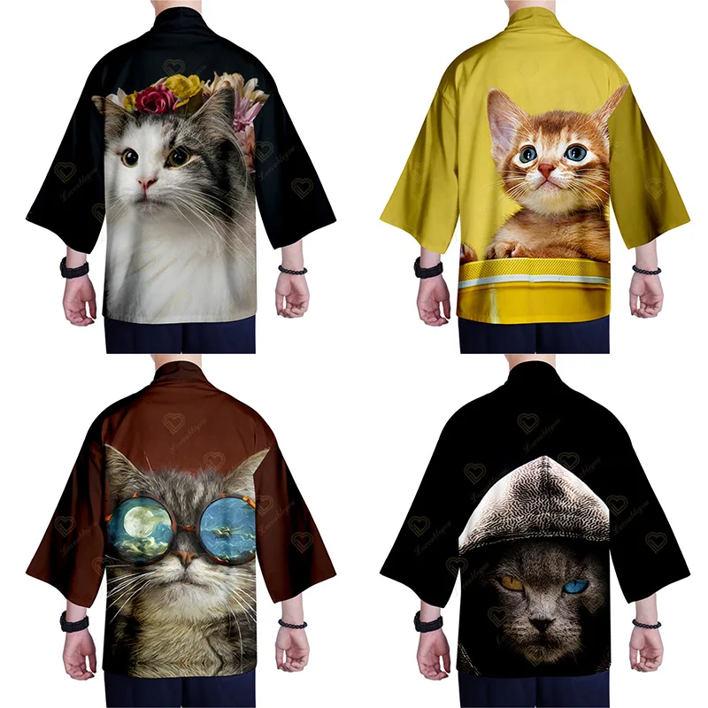

Women/Men Kimono Kawaii Cat Print Summer Streetwear 3D Printing Japanese Samurai Kimono Cardigan Loose Beach Clothes