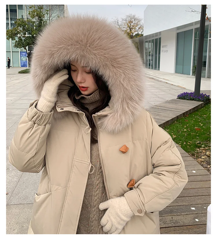 Korean Fashion Loose Hoodie Down And Cotton Coat Women Knee Length Hooded Jacket Thicken Warm Winter Oversize Overcoat Fur Hat