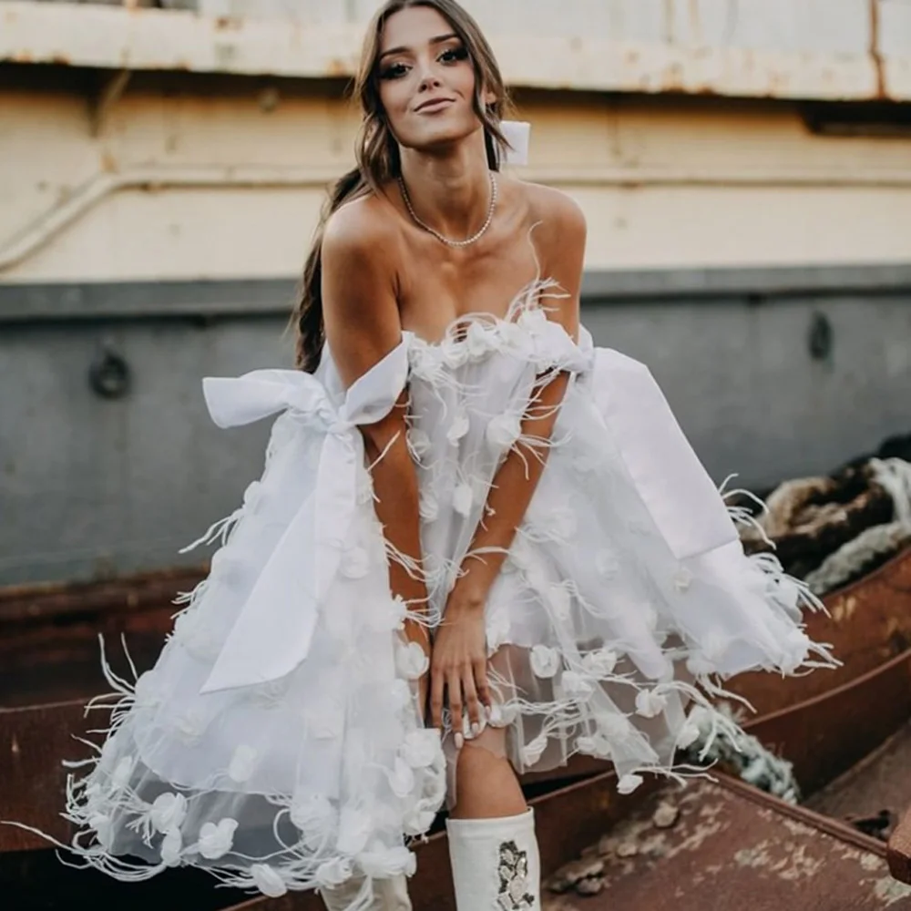 

Off Shoulder White Mini Dress A-line Tulle Party Dress Applique 3D Floral Dress With Feather Custom Made Woman Clothes Summer