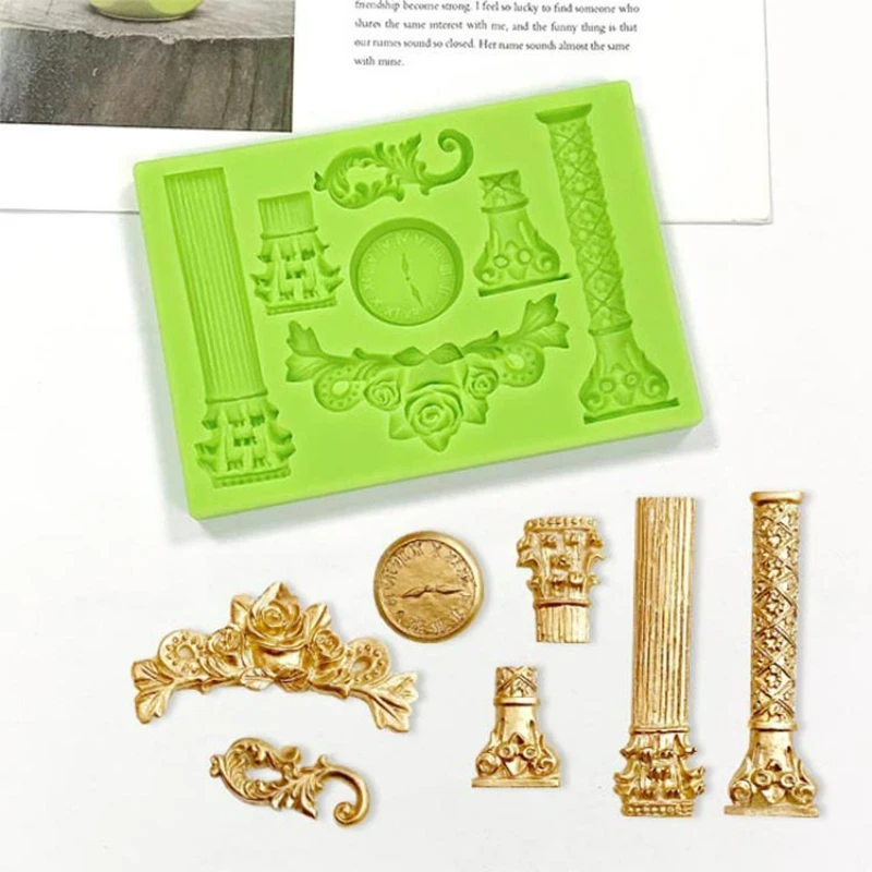 

European-style Retro Embossed Roman Column Cake Decorating Mold Flower Cluster Clock Fondant Chocolate Silicone Mold Baking Tool