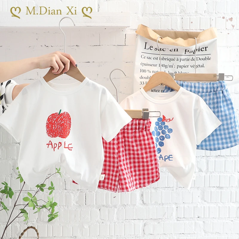 

Детский костюм в Корейском стиле, футболка с коротким рукавом в клетку с принтом фруктов + оригинальная детская одежда