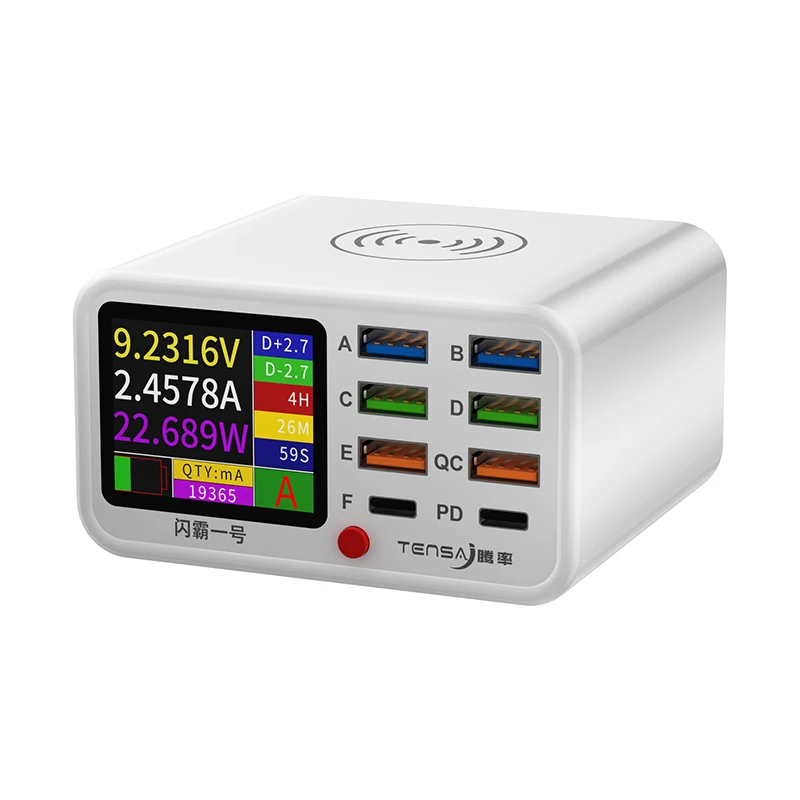 Multi Function Charger Station with 1.8-inch LED Screen 8 Port USB QC3.0 USB-C PD 20W and 15W Wireless Fast Charging