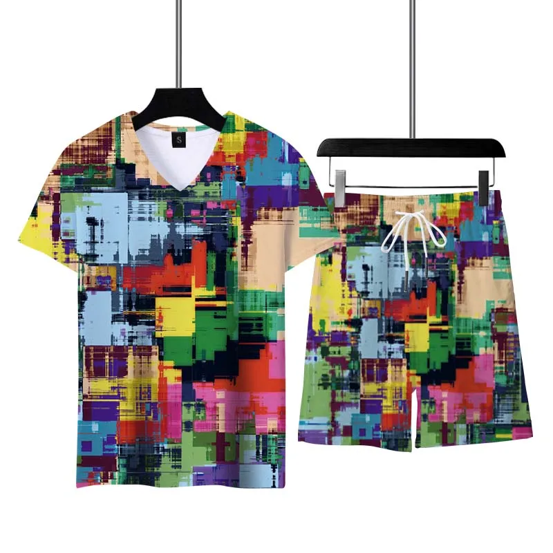 Summer Men's Tracksuit Casual Short Sleeve 3D Print Harajuku Outfit V- Neck Men Clothing T-shirt Plus Size Comfortable Top