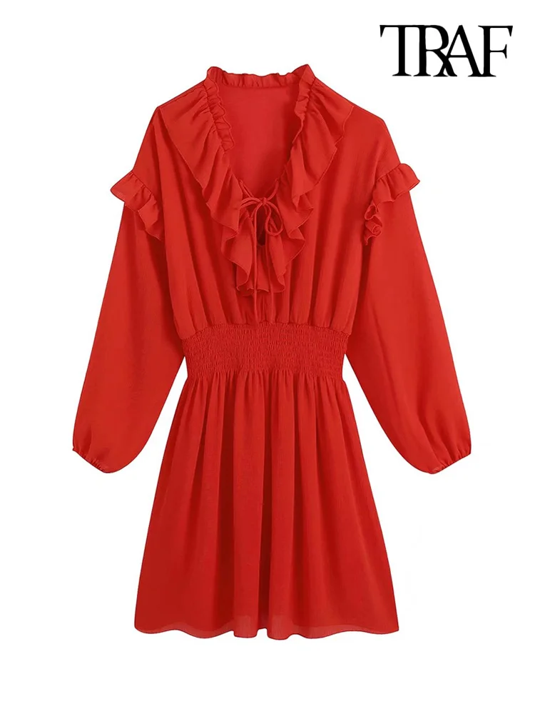 

TRAF Women Fashion With Ties Ruffles Mini Dress Vintage Long Sleeve Smocked Elastic Waist Female Dresses Vestidos Mujer